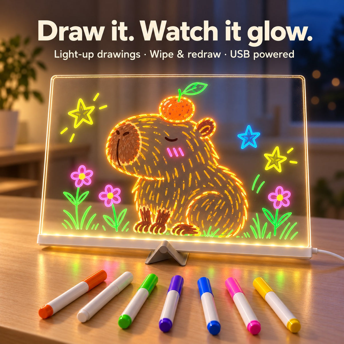 LED drawing board glowing with neon drawing and 7 pens