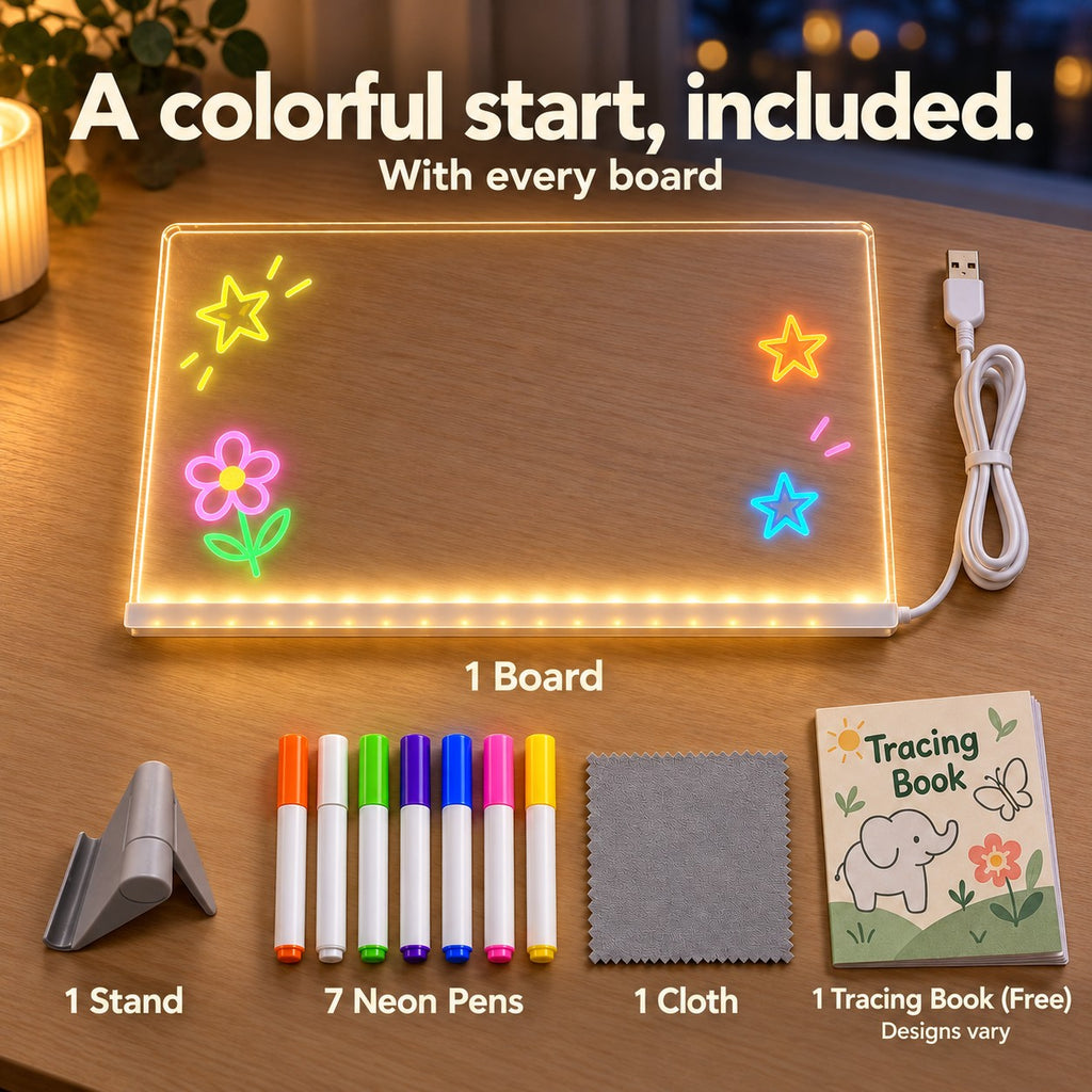 What's included: board, stand, 7 neon pens, cloth, tracing book