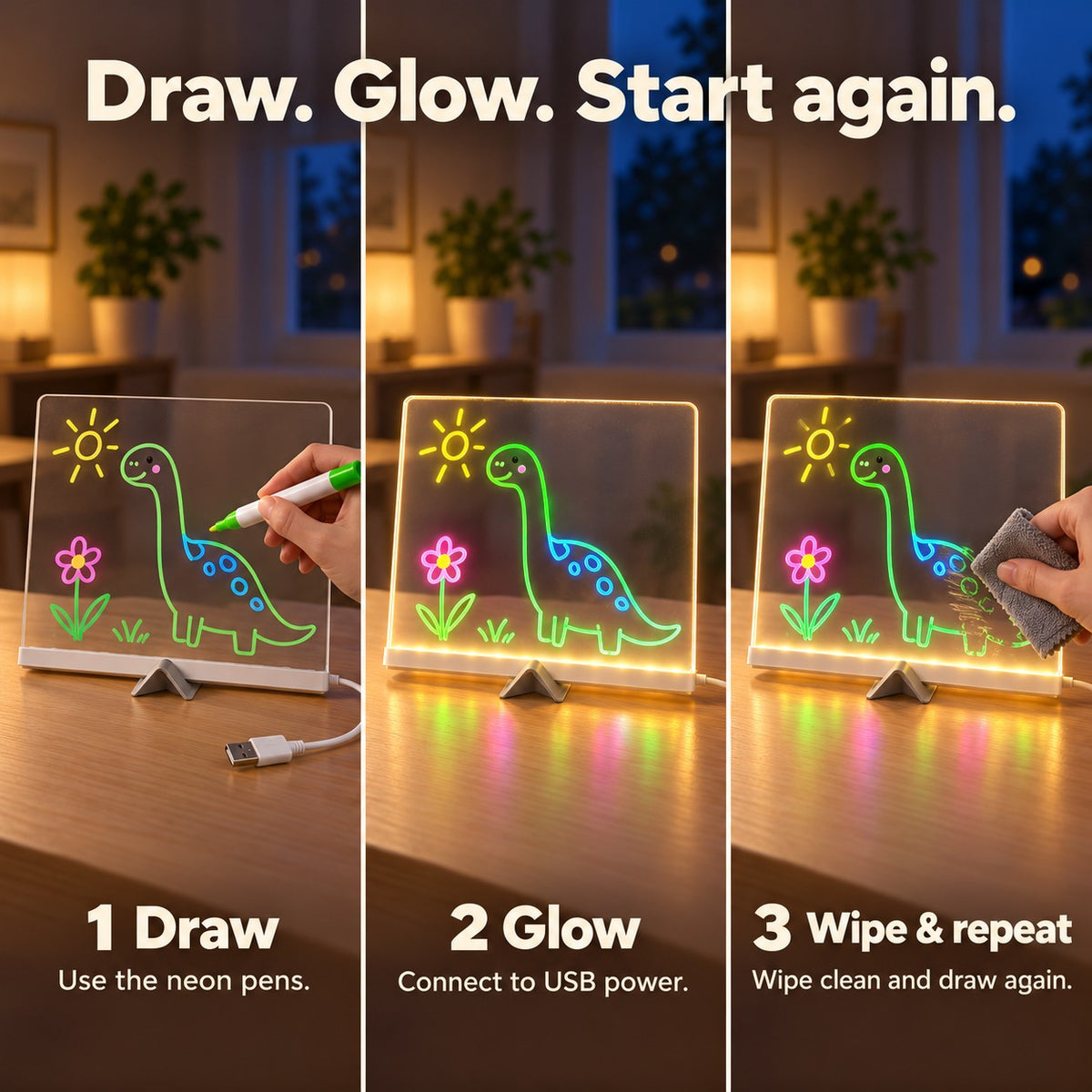 How it works: draw, plug in USB to glow, wipe and repeat