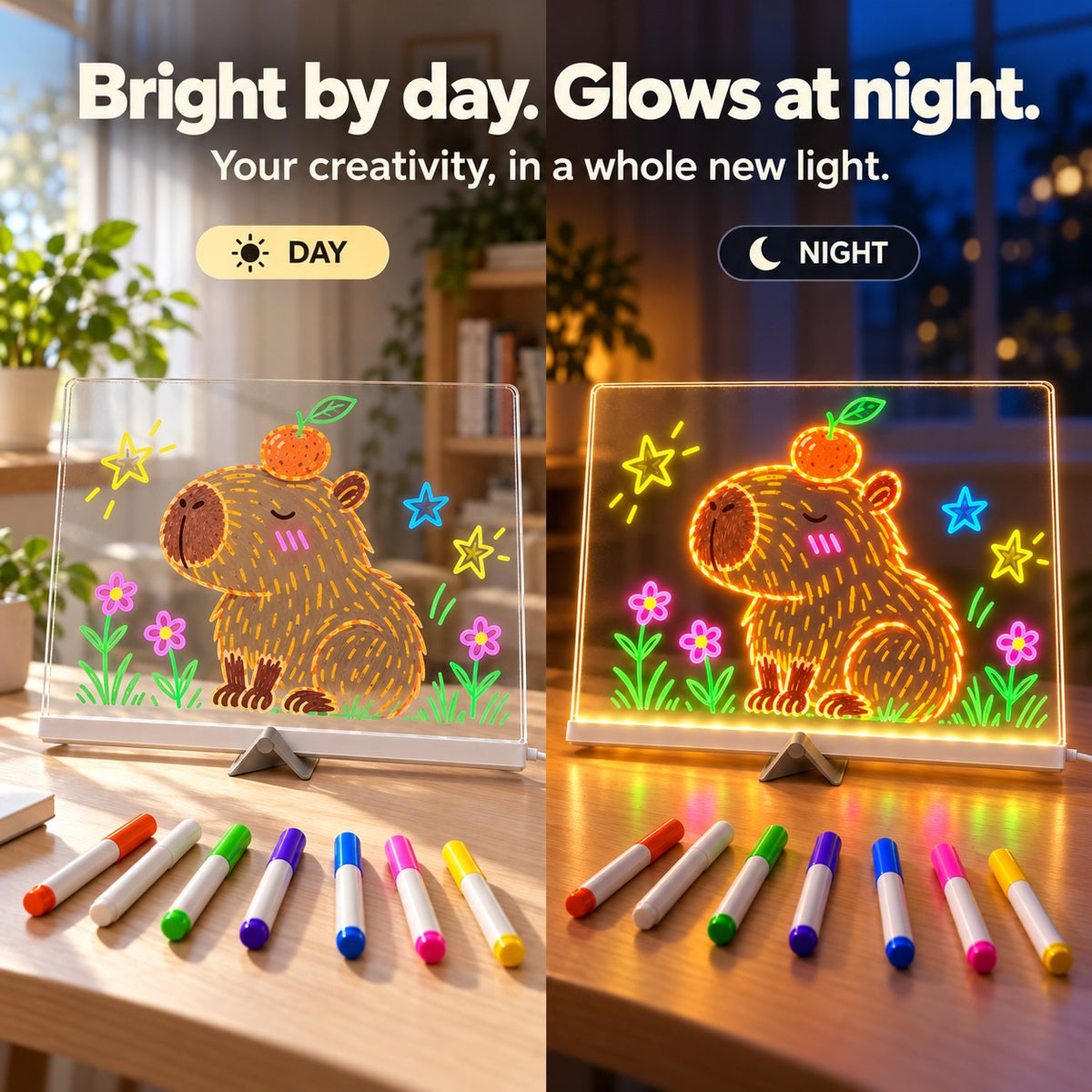 LED drawing board by day and glowing at night