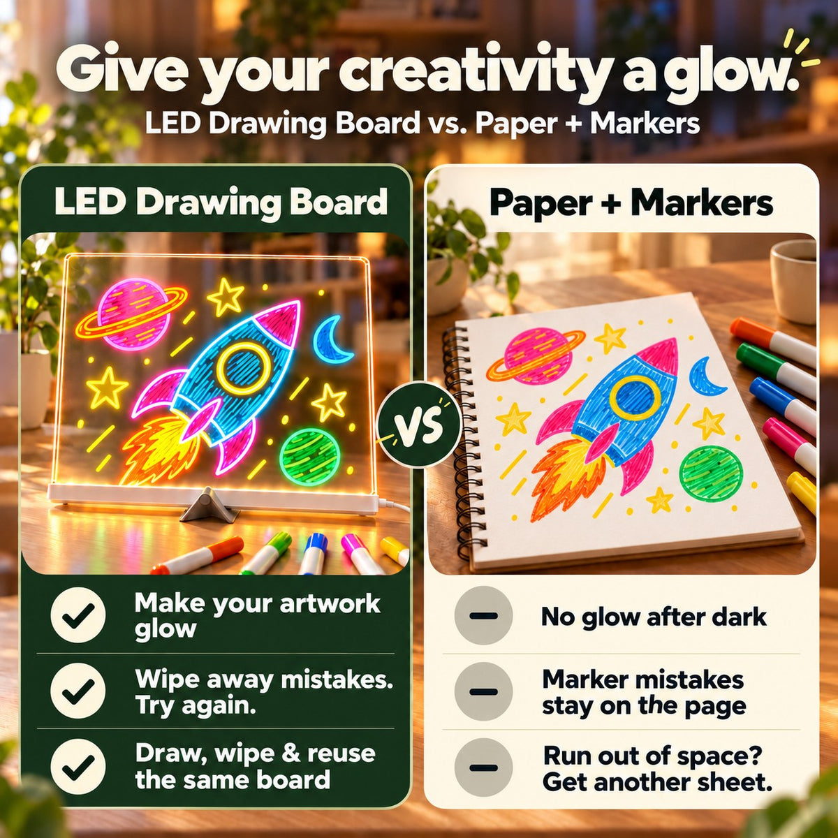 LED drawing board compared with paper and markers