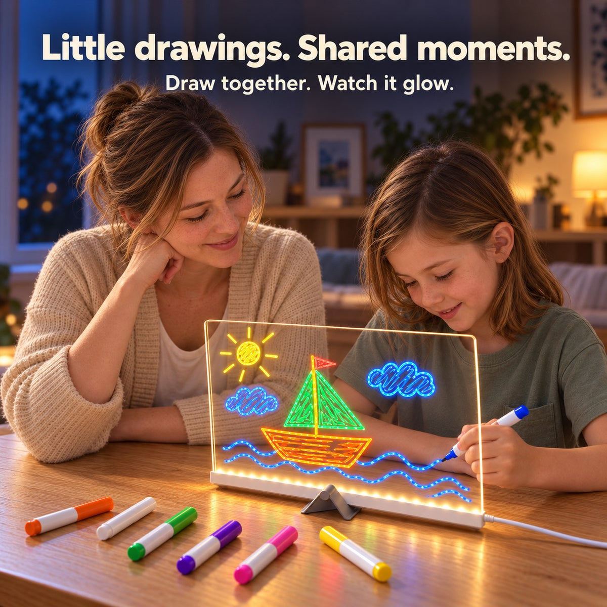 Parent and child drawing together on the LED board
