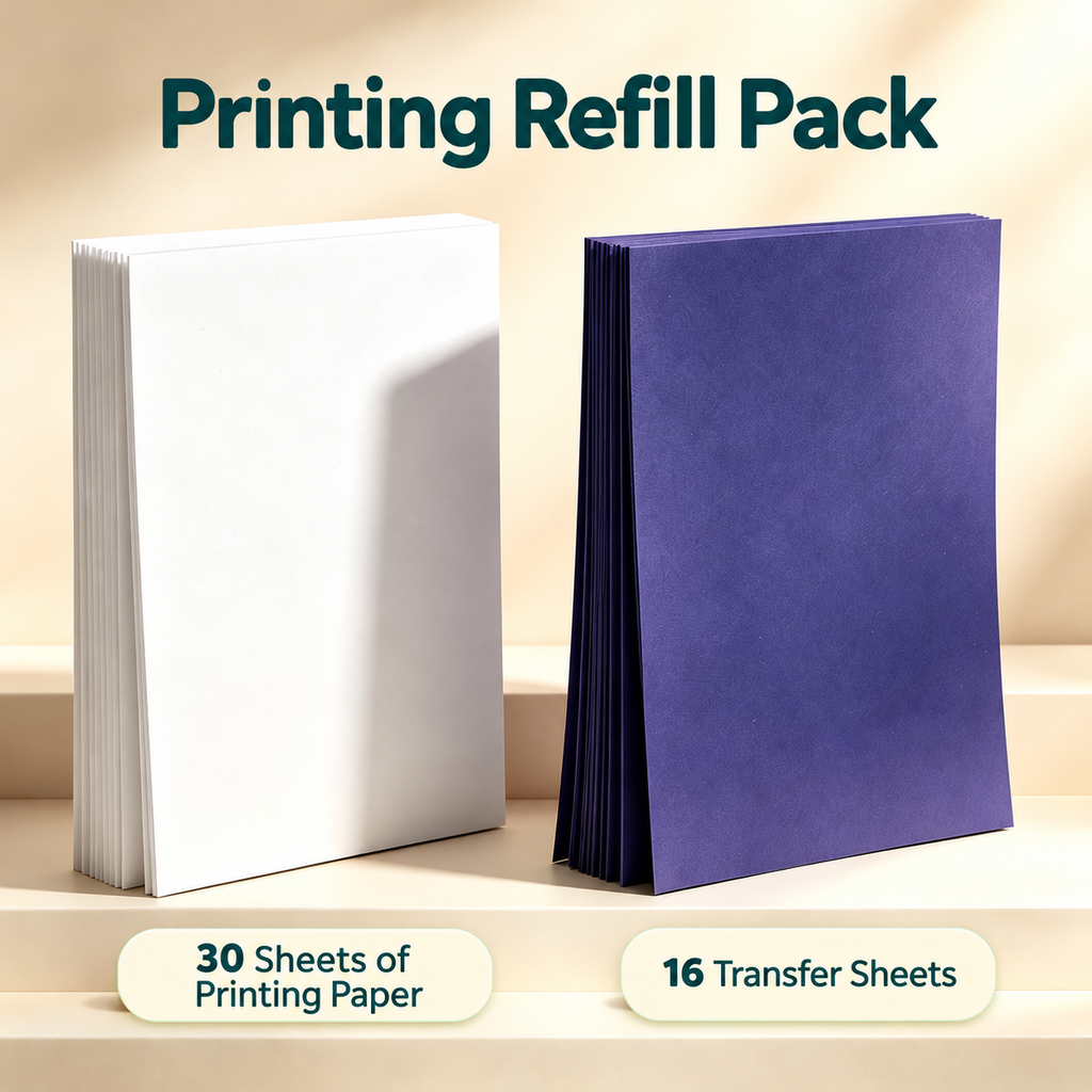 White printing paper and purple transfer sheets in a refill pack