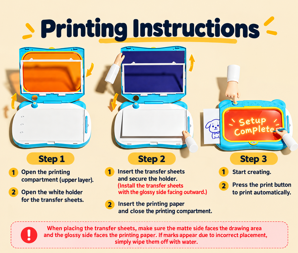 Three steps for loading transfer sheets and printing paper