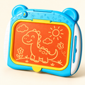 Blue drawing board with illustrative dinosaur line art; AI-assisted product image.
