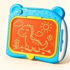 Blue drawing board with illustrative dinosaur line art; AI-assisted product image.