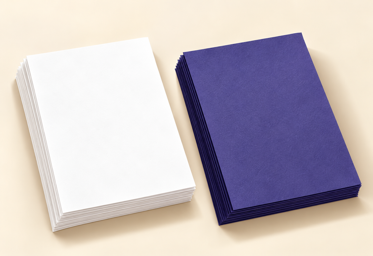 Illustration of white printing paper and purple transfer sheets; actual sheet counts are listed in the description.