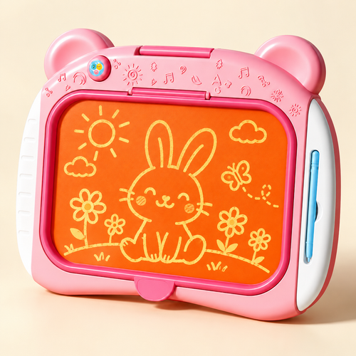 Pink drawing board with illustrative bunny line art; AI-assisted product image.