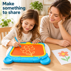 AI-generated illustrative scene of a child drawing with a parent, showing one held stylus and an empty storage slot.